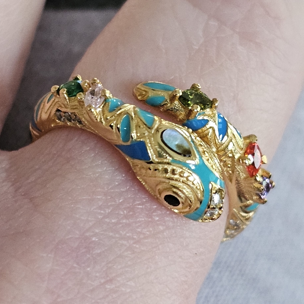 18KT GOLD/925 STERLING SILVER TURQUOISE DIAMOND EMERALD SNAKE ADJUSTABLE RING